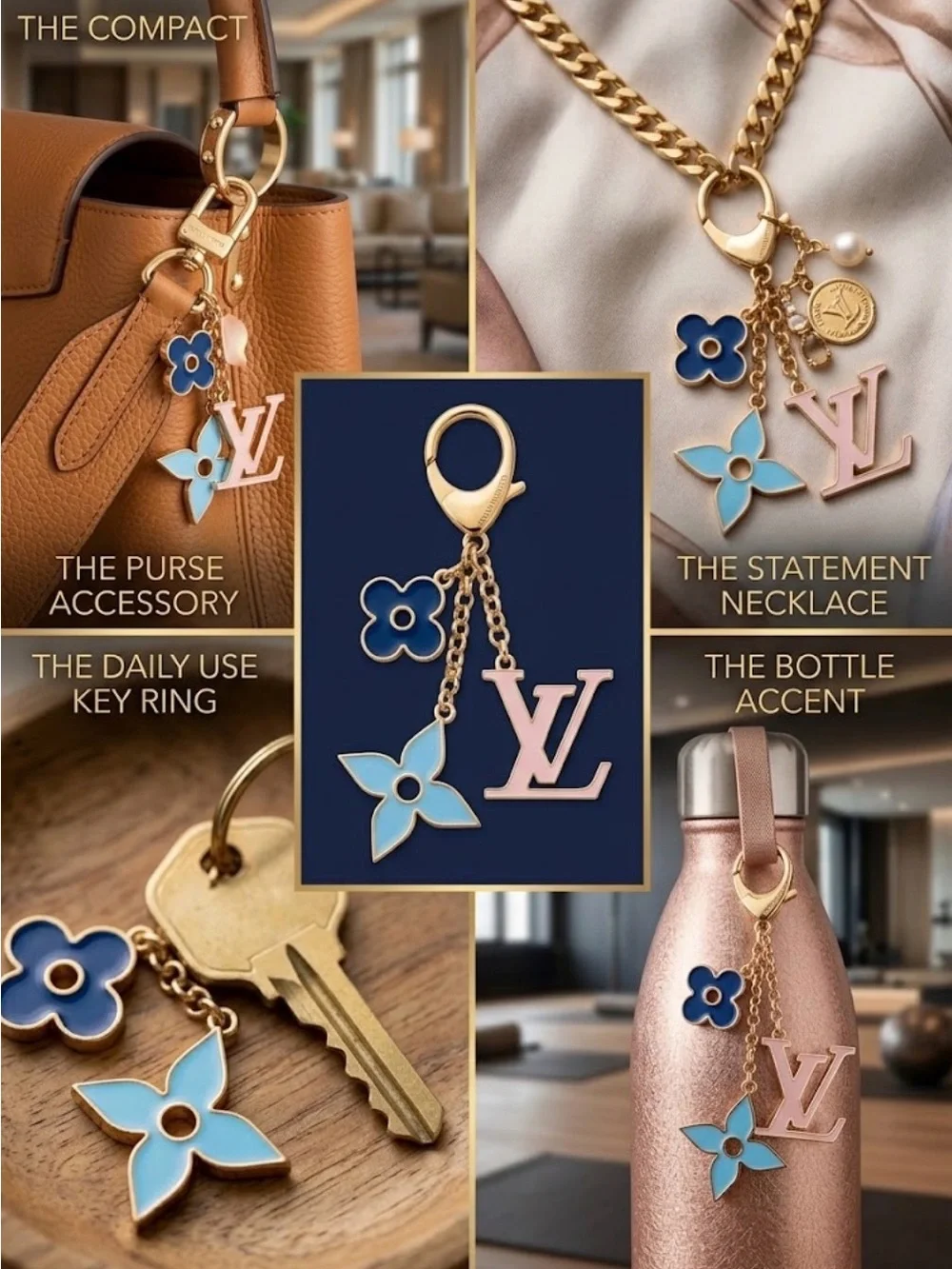 Luxury Fashion Bag Charm Keychain Monogram And Bright Bkue And Pink Motifs